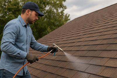 Man applying roof coating to help protect the lifespan of the roof. Nano roof coating.