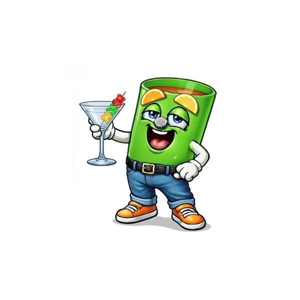 Animated green drink character holding a cocktail glass, wearing jeans and sneakers.