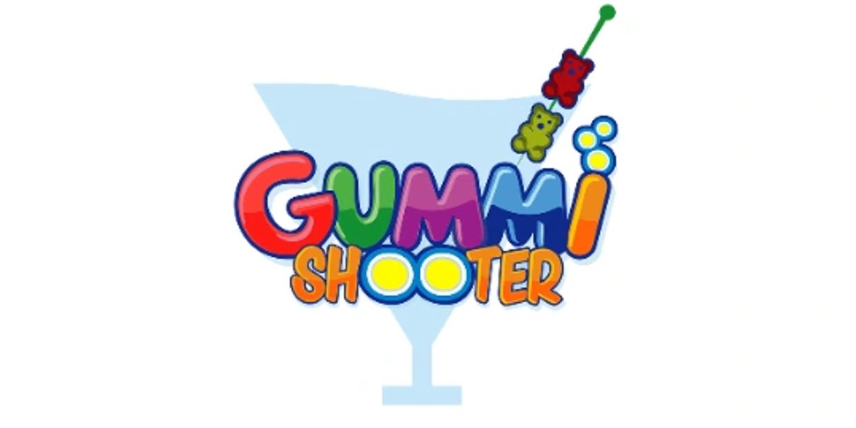 Colorful logo of Gummi Shooter with gummy bears on a skewer in a martini glass.