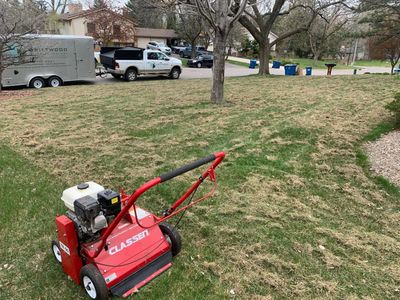 Edina, MN dethatching service power raking before aeration and overseeding for the perfect lawn.