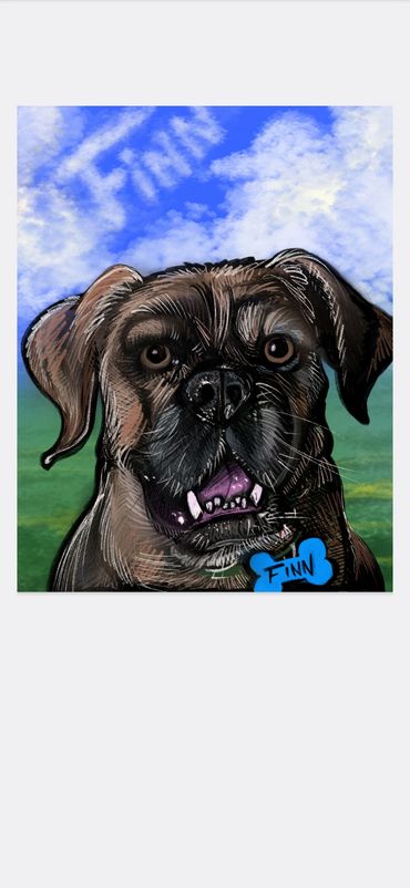Digital painting of a dog named Finn with detailed fur and a blue name tag.