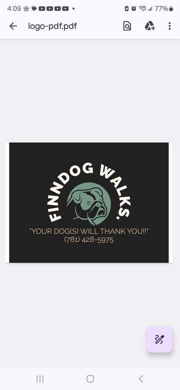 Logo for Finndog Walks featuring a dog's face and contact number.