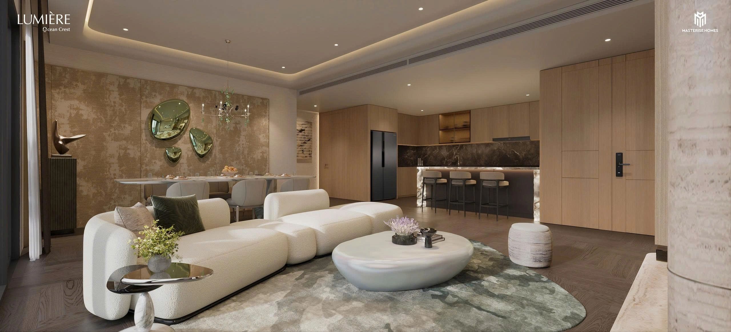 Modern living room and kitchen with beige and wood tones.