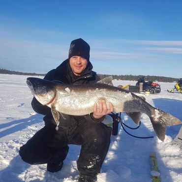 Lake Trout, Lake Temagami, Loon Lodge,  Guided Ice Fishing, Monster Trout, Ice Bungalow Rentals 