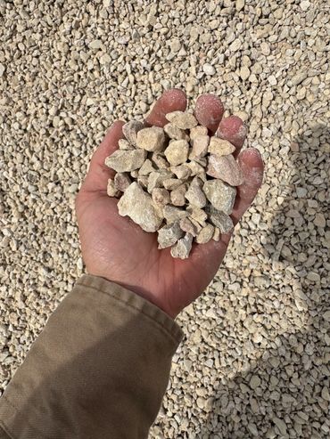 Hand holding small beige gravel stones on a matching gravel background.