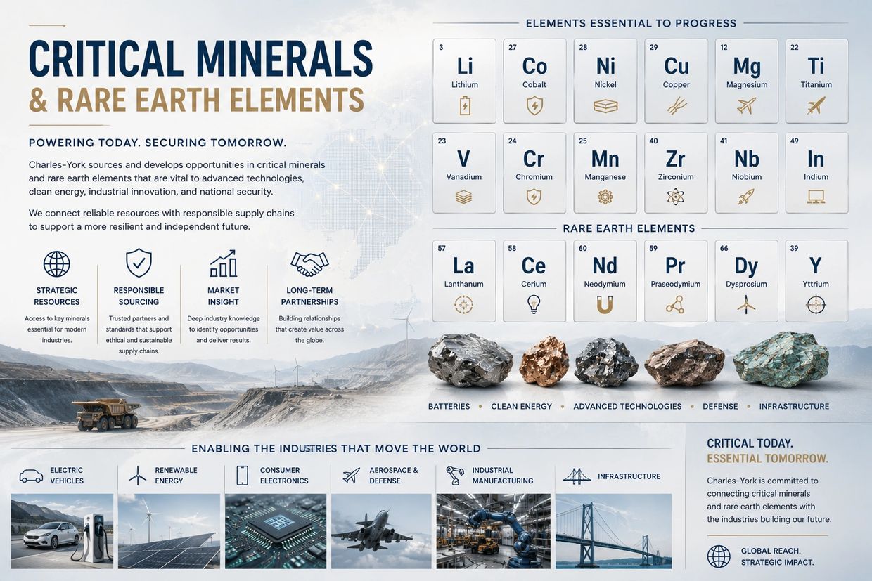 Infographic on critical minerals and rare earth elements essential for modern industries.