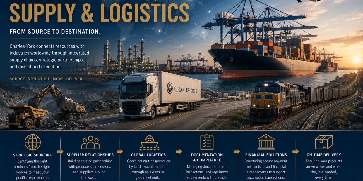 Supply and logistics services featuring trucks, trains, ships, and heavy machinery.