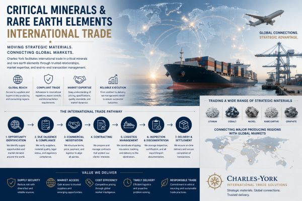 Infographic on international trade of critical minerals and rare earth elements.