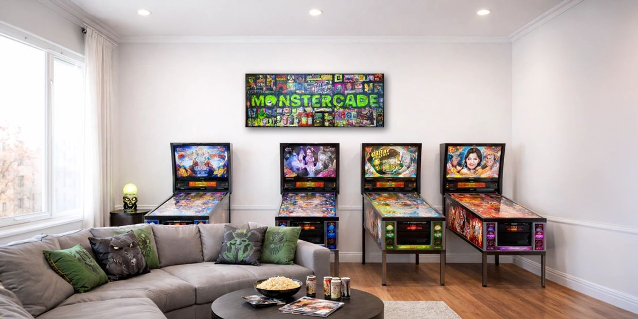 A cozy room with four pinball machines and a sectional sofa under a 'MONSTERCADE' sign.