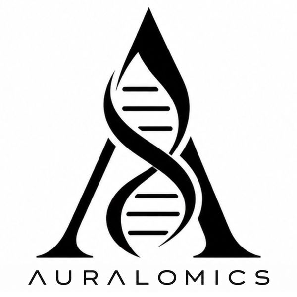 Black and white logo combining a DNA helix and the letter A with 'Auralomics' text.