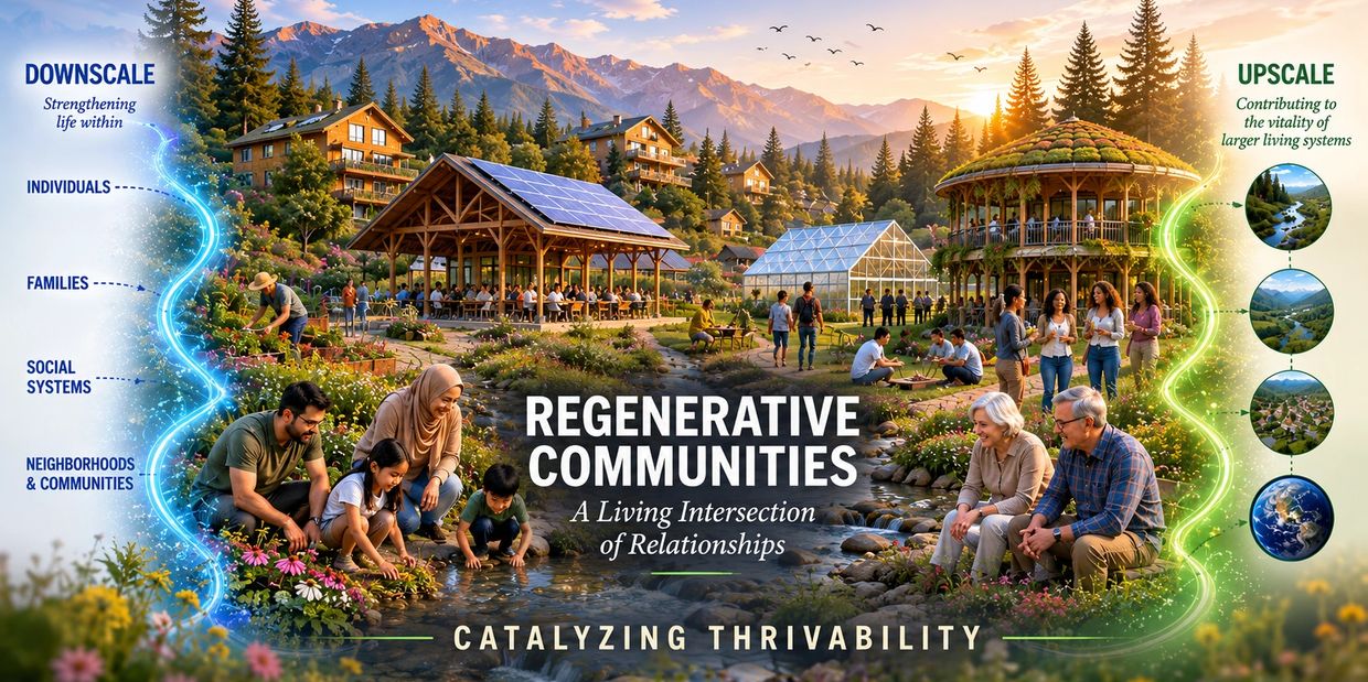 A vibrant community thriving in nature with an emphasis on regenerative relationships.