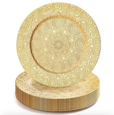 13-inch, Gold, Charger Plates, with Phoenix Pattern.