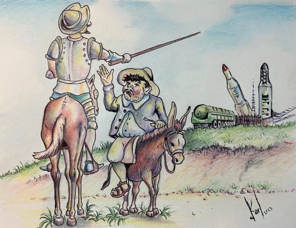Artist Carlos Reyes
Sancho trying to stop Don Quixote from protesting nuclear missles