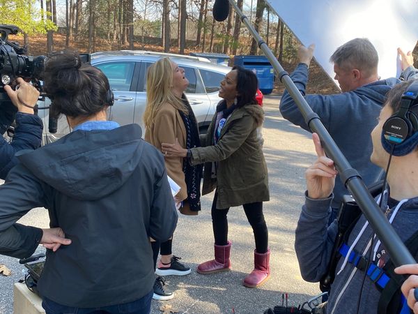 Camille Kauer filming Full Frontal with Samantha Bee show. behind the scenes