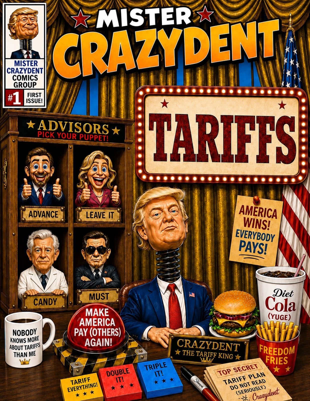 Satirical comic cover titled 'Mister Crazydent' featuring caricature of Trump and advisors.