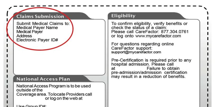 Showing an ID card and depicting that the claims submission is in the top left corner.