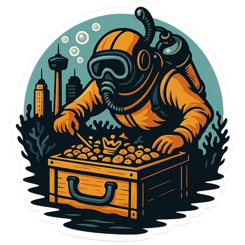 Diver exploring treasure chest underwater near cityscape.