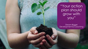 Female holding a sapling in her hands with an inspirational quote about action planning.