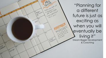Open diary with coffee mug on top. Inspirational quote about the excitement of planning your future,