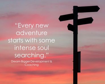 Sky at sunset with inspirational quote about starting a new adventure.