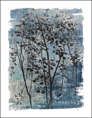 Black and white tree studies with textural background and specialty border inspired by Japanese wood