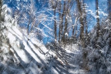 Exploring a snowy trail utilizing slow shutter, double exposure and intentional camera motion.