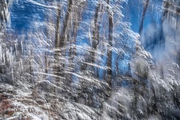 Exploring a snowy trail utilizing slow shutter, double exposure and intentional camera motion.