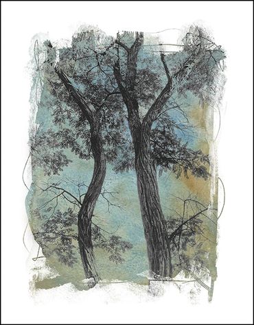 Black and white tree studies with textural background and specialty border inspired by Japanese wood