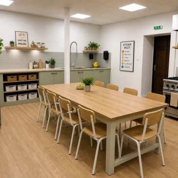 Modern kitchen with wooden table and chairs, decorated with plants and inspirational signs.