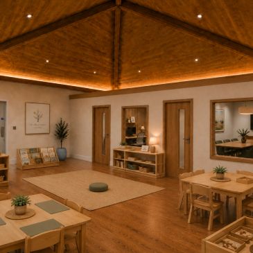 Cozy classroom with wooden furniture and warm lighting.