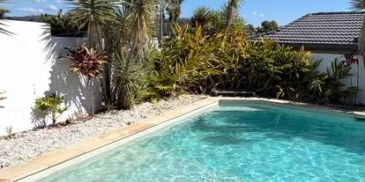 Clear blue swimming pool with surrounding greenery.