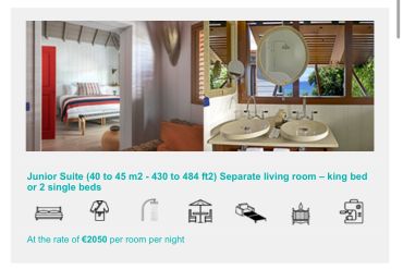 Hotel Junior Suite with king bed or two single beds, separate living room, €2050 per night.