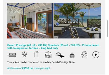 Beach Prestige suite with private beach and terrace loungers.