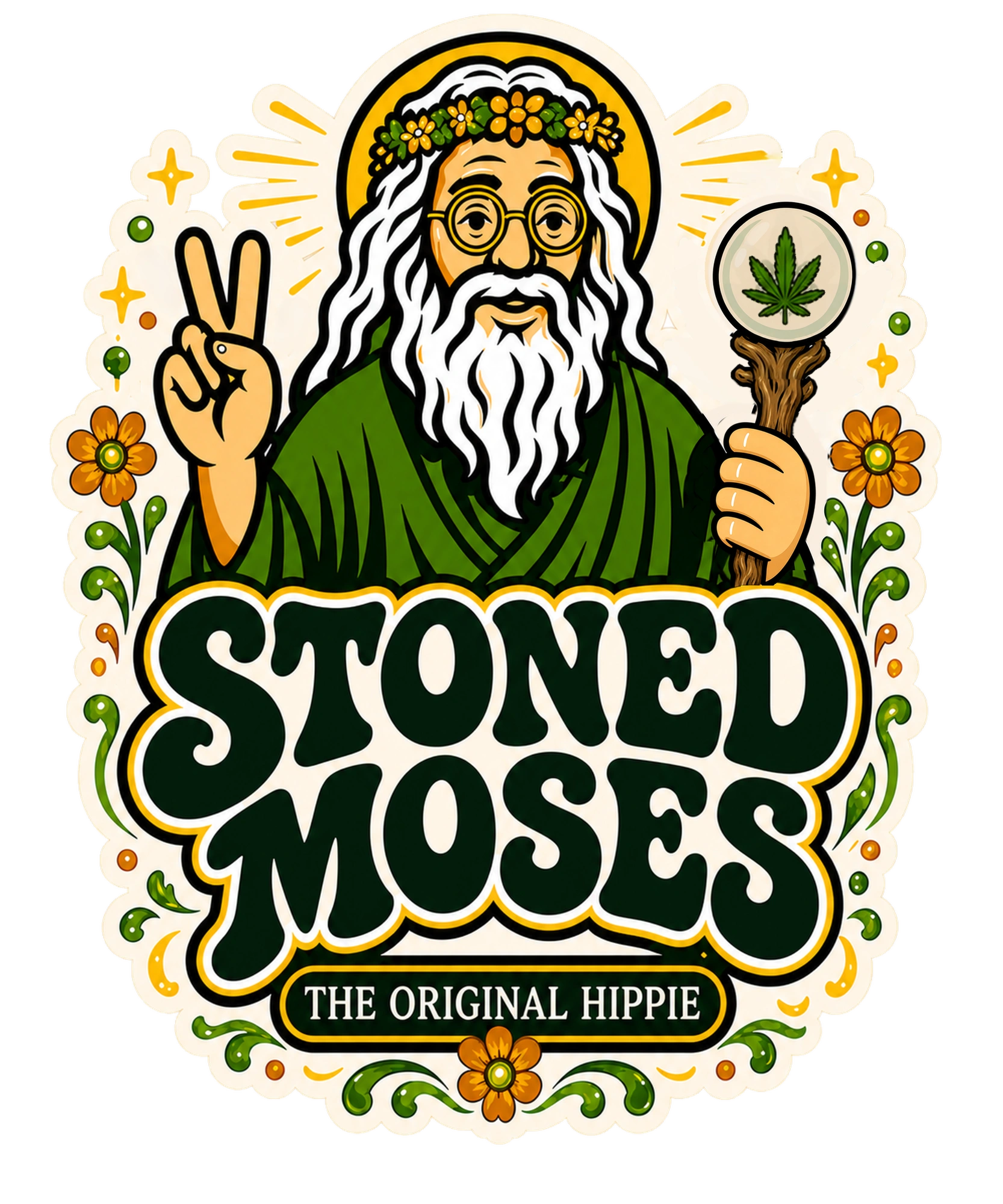 Stoned Moses, a hippie holding a weathered staff with a cannabis leaf inside its amber sphere.
