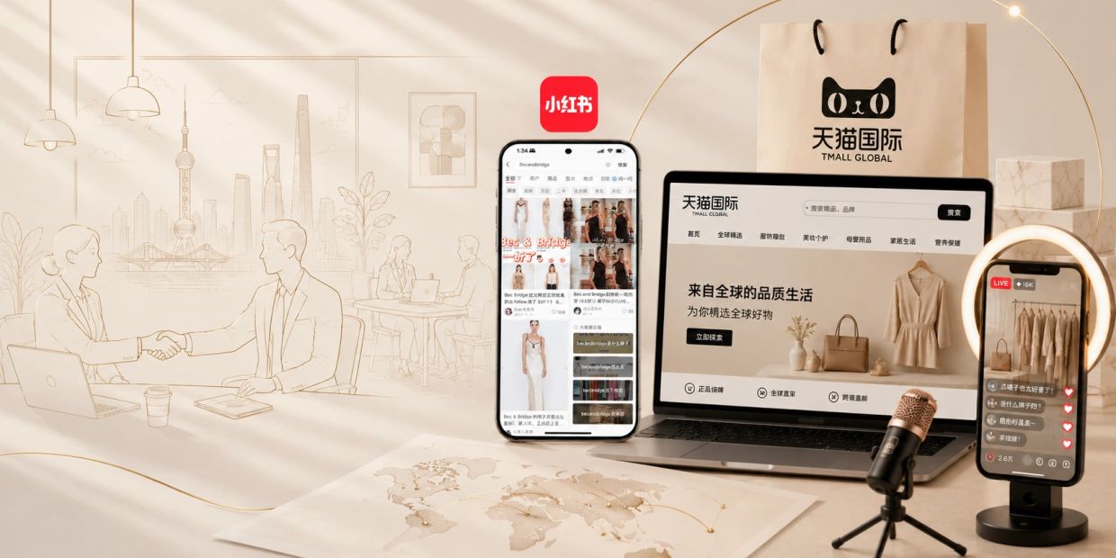 E-commerce devices and illustrations with Tmall Global branding.