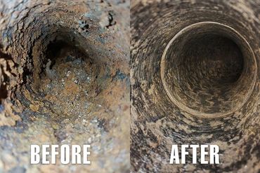 Comparison of a pipe before and after cleaning shows significant improvement.
