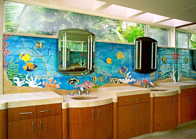 "Tropical Reef" high relief ceramic tile mural in master bath