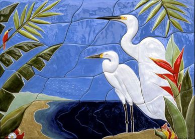 Free form high relief ceramic tile mural of egrets by water
