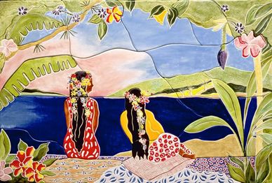 Free form high relief ceramic tile mural of tropical vista for the wall