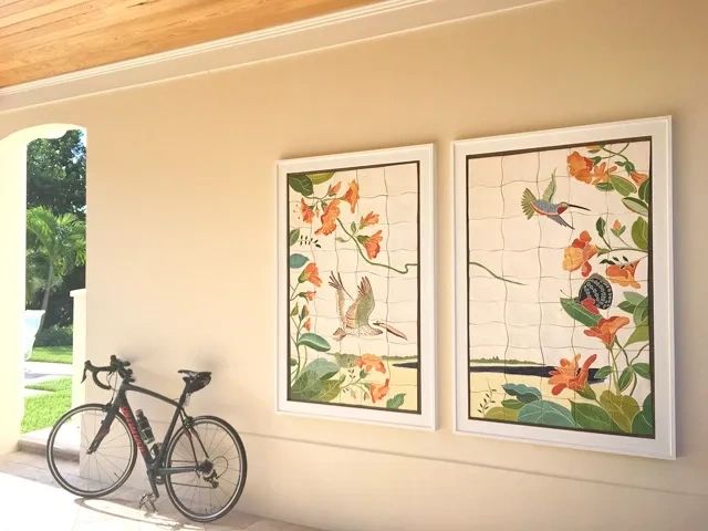 Tropical beach with flowers, pelican, hummingbird - High Relief Ceramic murals
wall mounted