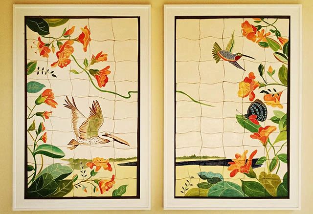 Tropical beach with native flowers,pelican, hummingbird and butterfly - two high relief ceramic tile