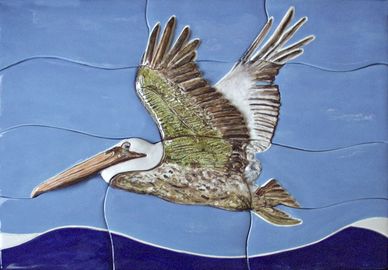"Pelican in flight"
Free form high relief ceramic tile mural for the wall