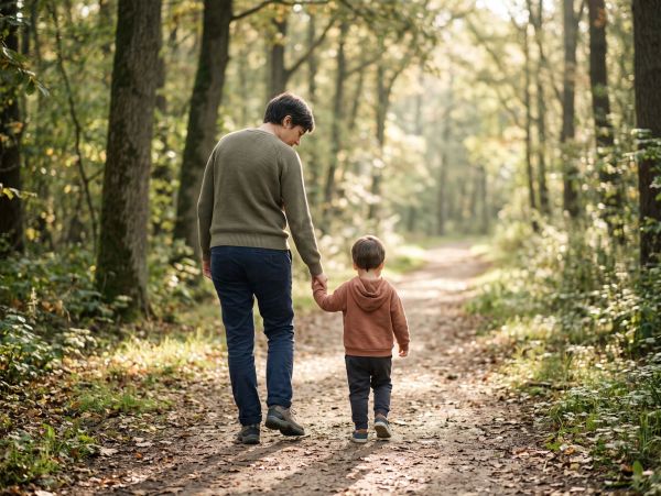 An adult walks hand in hand with a child along a peaceful wooded path in warm morning light, symboli