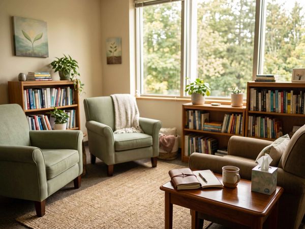 Warm, welcoming counseling library with comfortable seating, bookshelves, natural light, and a peace
