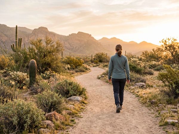 A person walking on a desert trail during sunset.