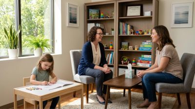 Trauma-informed counselor meeting with a parent while supporting a young child in a welcoming counse