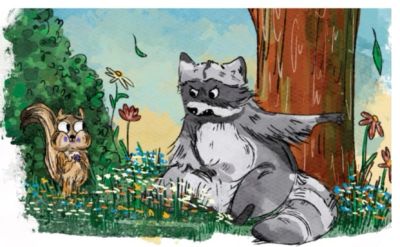 Cartoon raccoon and squirrel in a forest clearing.