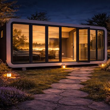 Modern tiny house with glass walls illuminated at night in a garden.