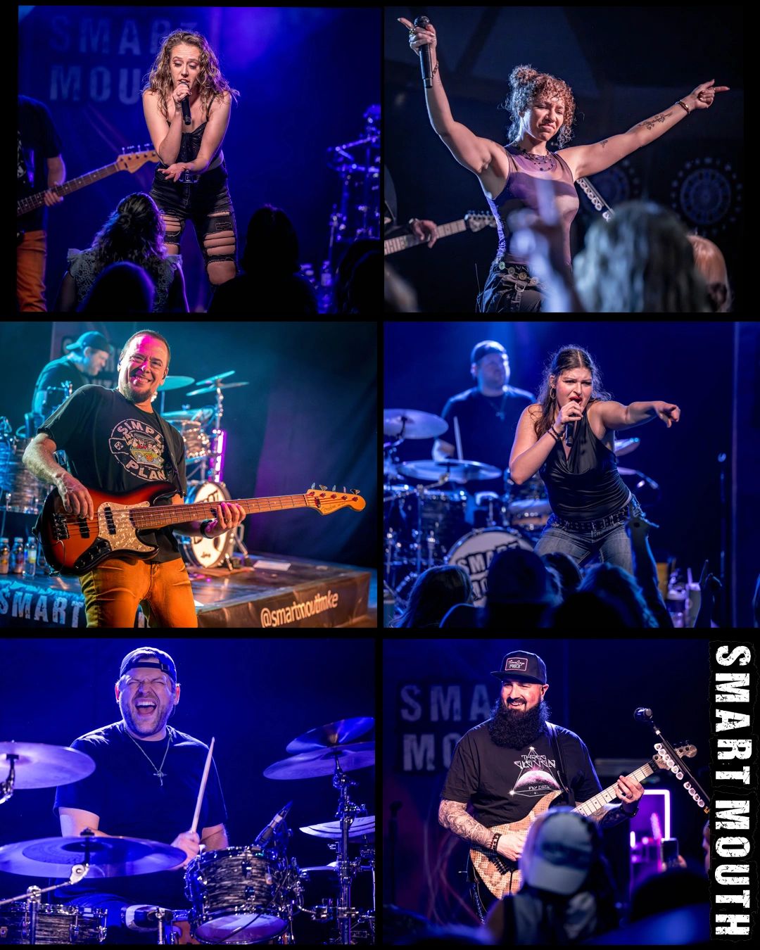 Collage of vibrant live band performances with energetic singers and musicians.