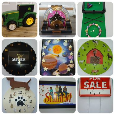 John Deere clock, dog clock, jukebox custom clock, Guinness beer clock solar system moon stars clock